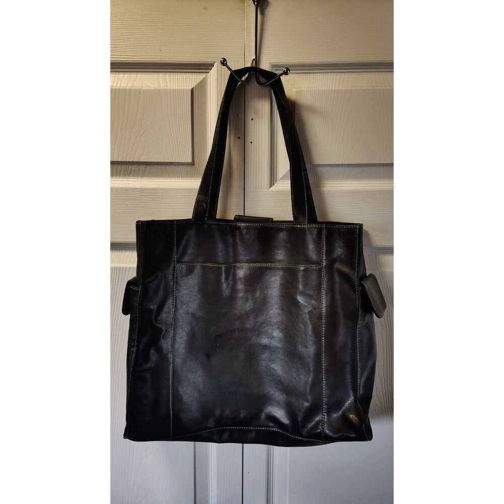 Large Black Laptop Tote Bag Shoulder Purse Contrast Stitch Multi-Pocket